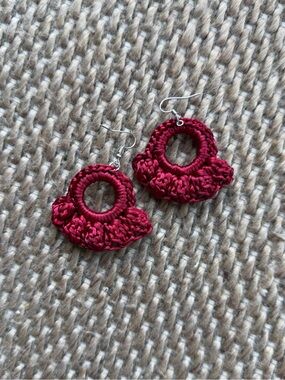 Handmade Burgundy Crochet Hoop Earrings